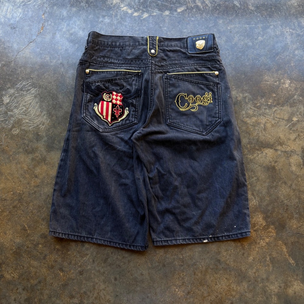 Coogi Mens Baggy Denim Shorts Black Embroidered Crest Y2K Hip Hop Streetwear W36